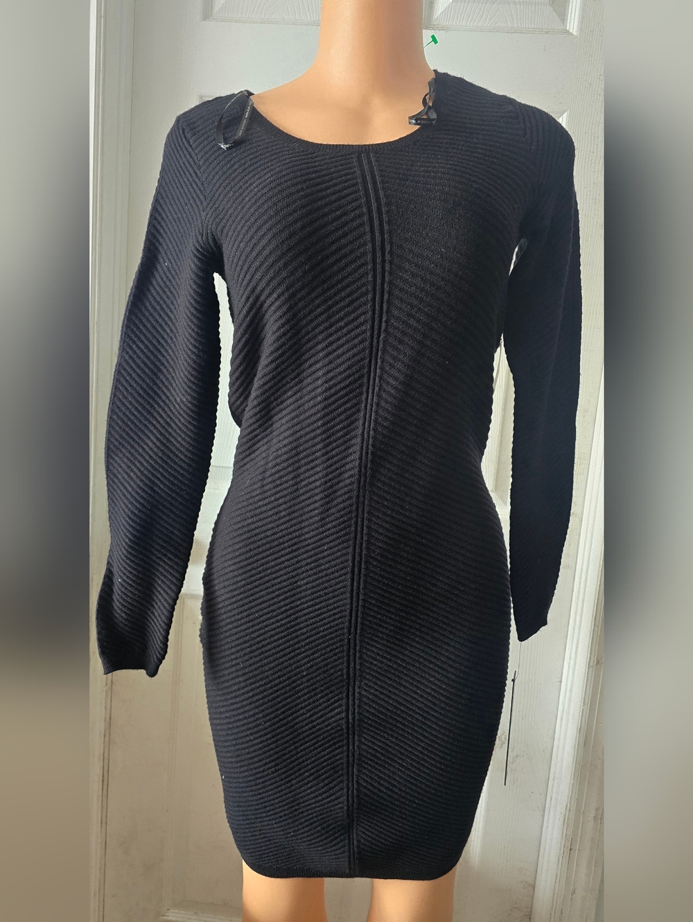 Andrew Marc Black Ribbed Long-Sleeve Knit Dress